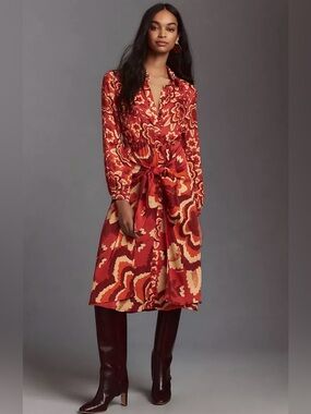 Farm Rio. Long Sleeve Floral V-Neck Shirt Dress. Size medium.